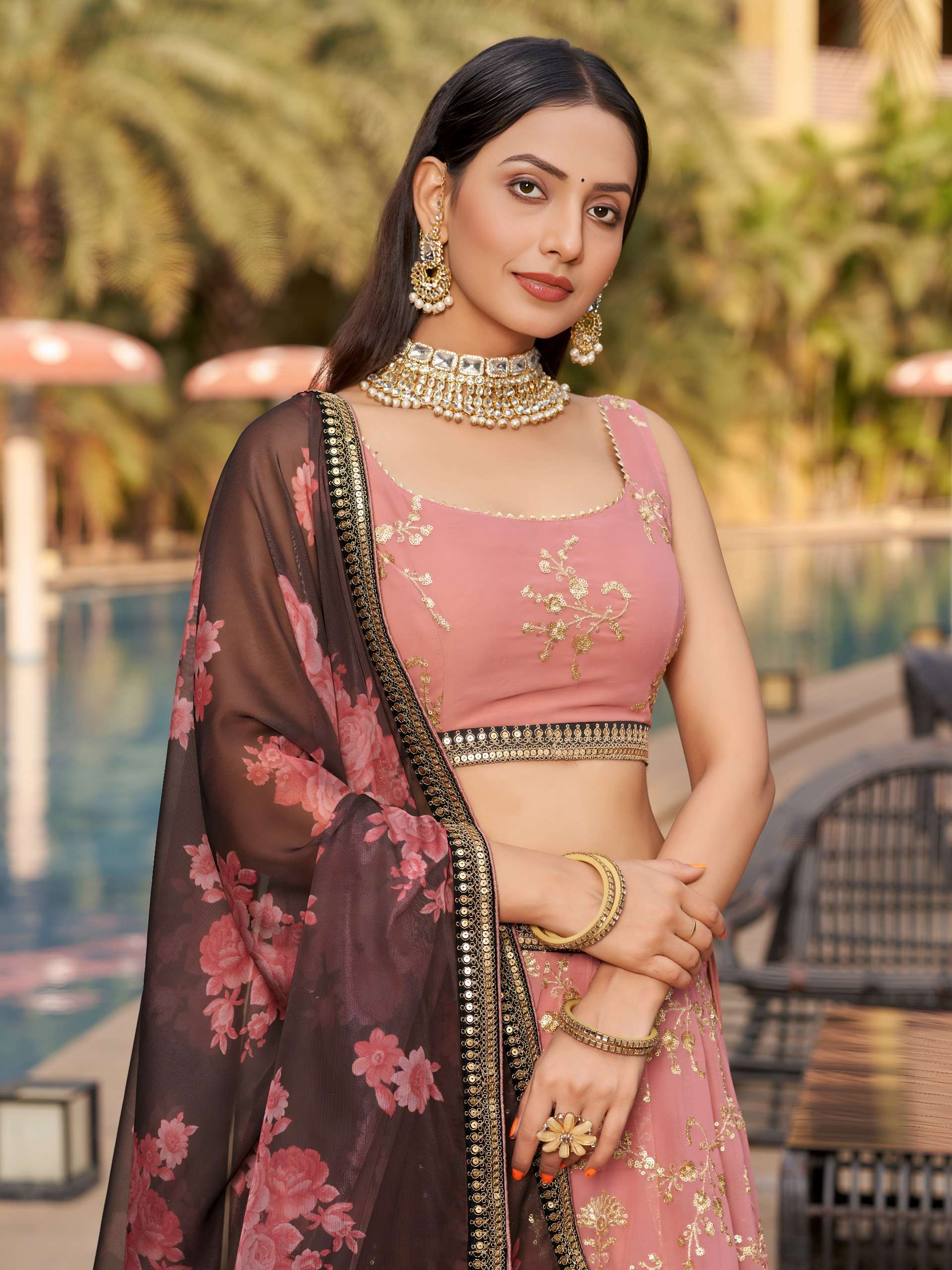  Rosewood Blush colour with Floral work on Georgette Elegance fabric Lehenga Choli wholesale in surat  8005 Pink 